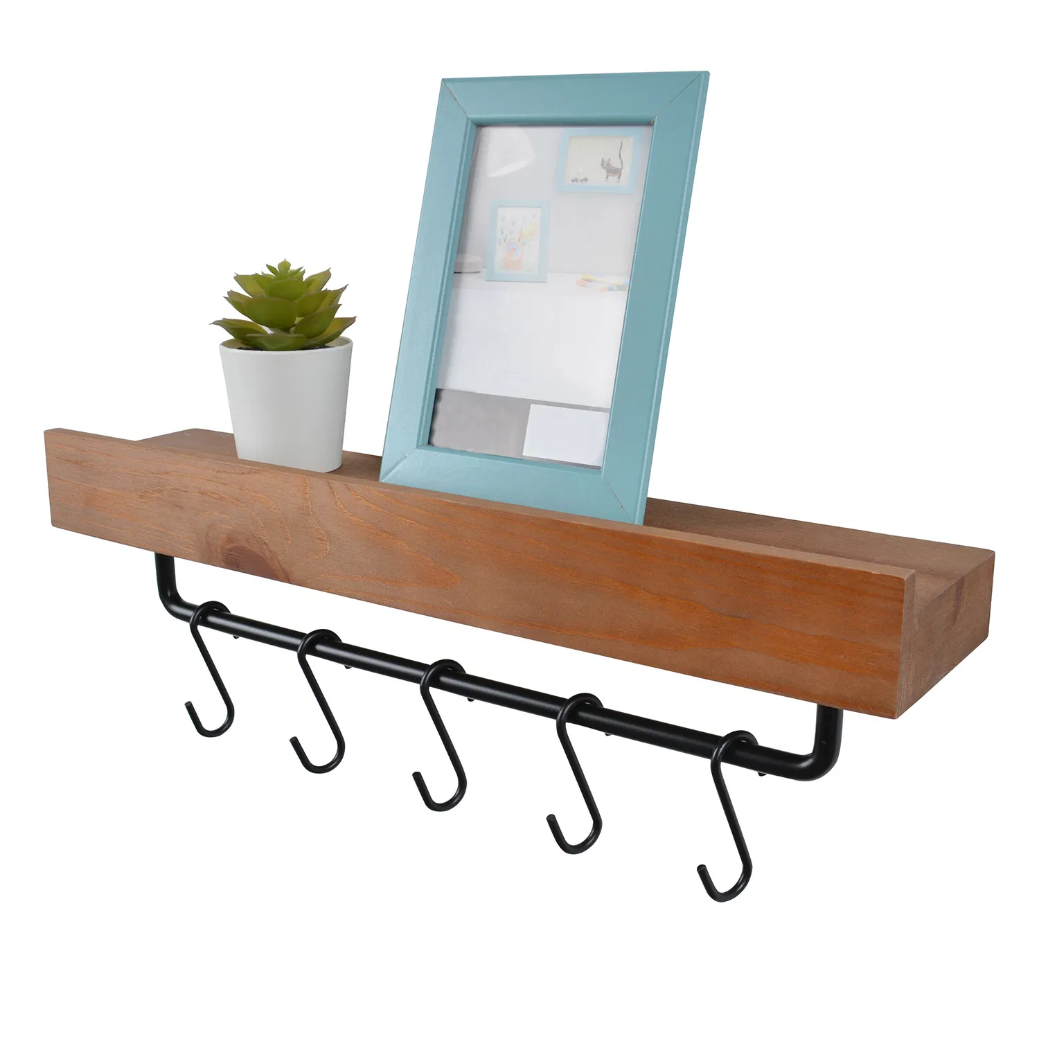 Wall Mounted Bedroom Floating Ledge Shelf 17 Inch with 5 Hooks