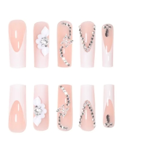 Hot Selling Pink Flower Artificial Nails Long Coffin Press on Nails
