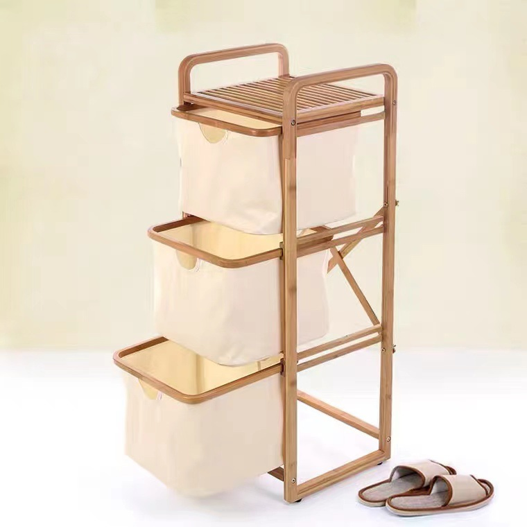 Wholesale Eco-Friendly Foldable Clothes 3 Tier Bamboo Laundry Basket with Storage Bag
