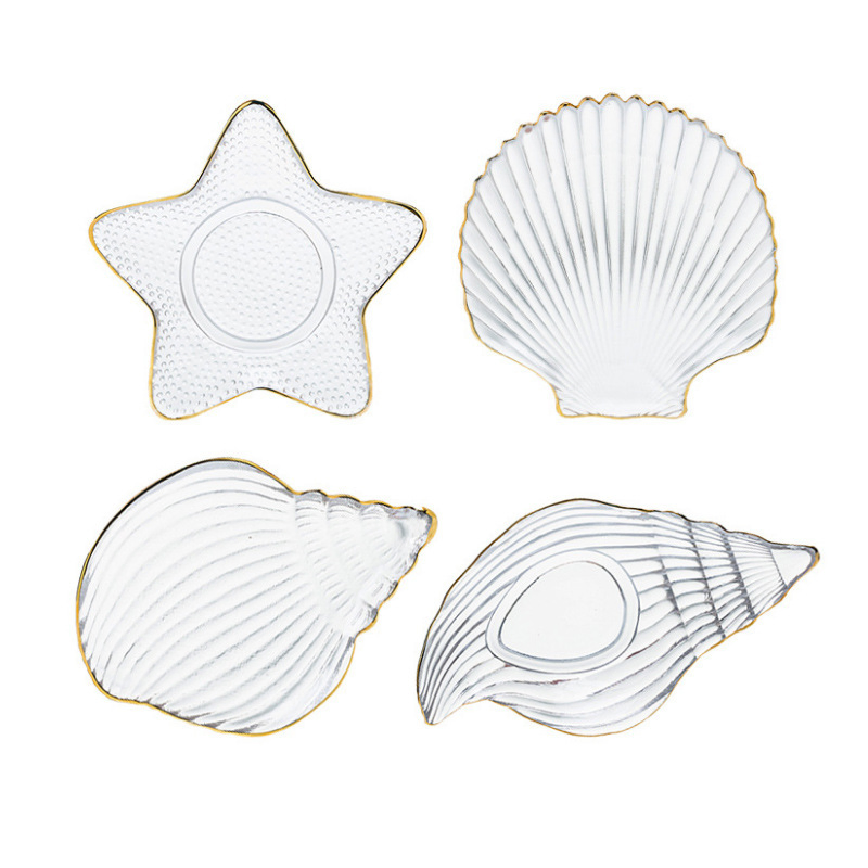 Creative Pearl Shell Glass Tray with Gold Rim Crystal Ocean Series Glass Plate Snack Dish