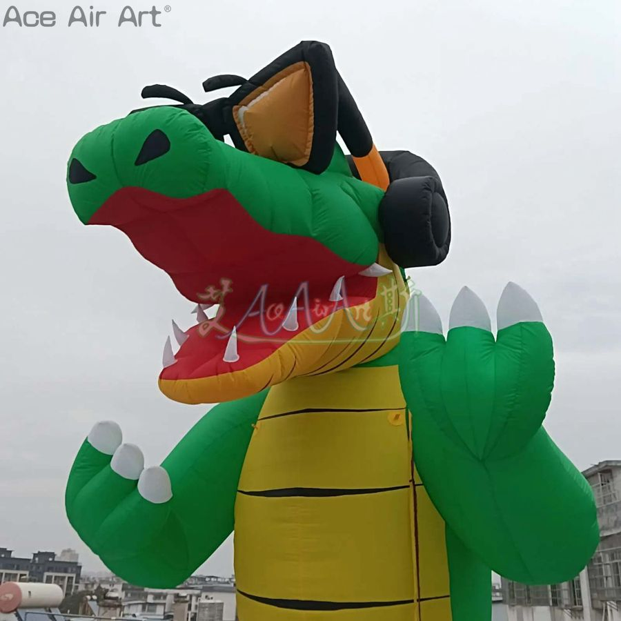 5m H Inflatable Crocodile Cartoon Model Water Animal Wearing Headphones for Festival Decoration or Advertisement