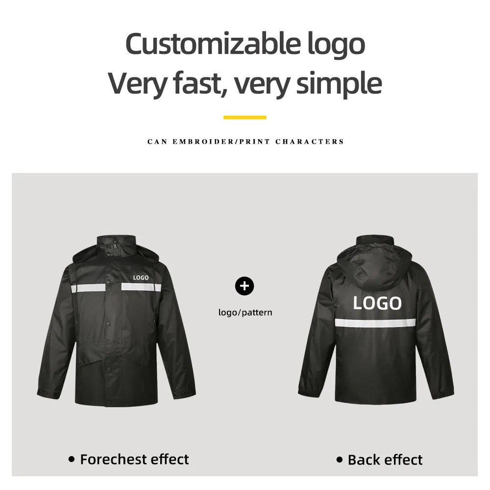 Non-Disposable Black PVC Rain Jackets and Pants with Reflective Work Macintosh Safety Waterproof Rainwear with Hooded