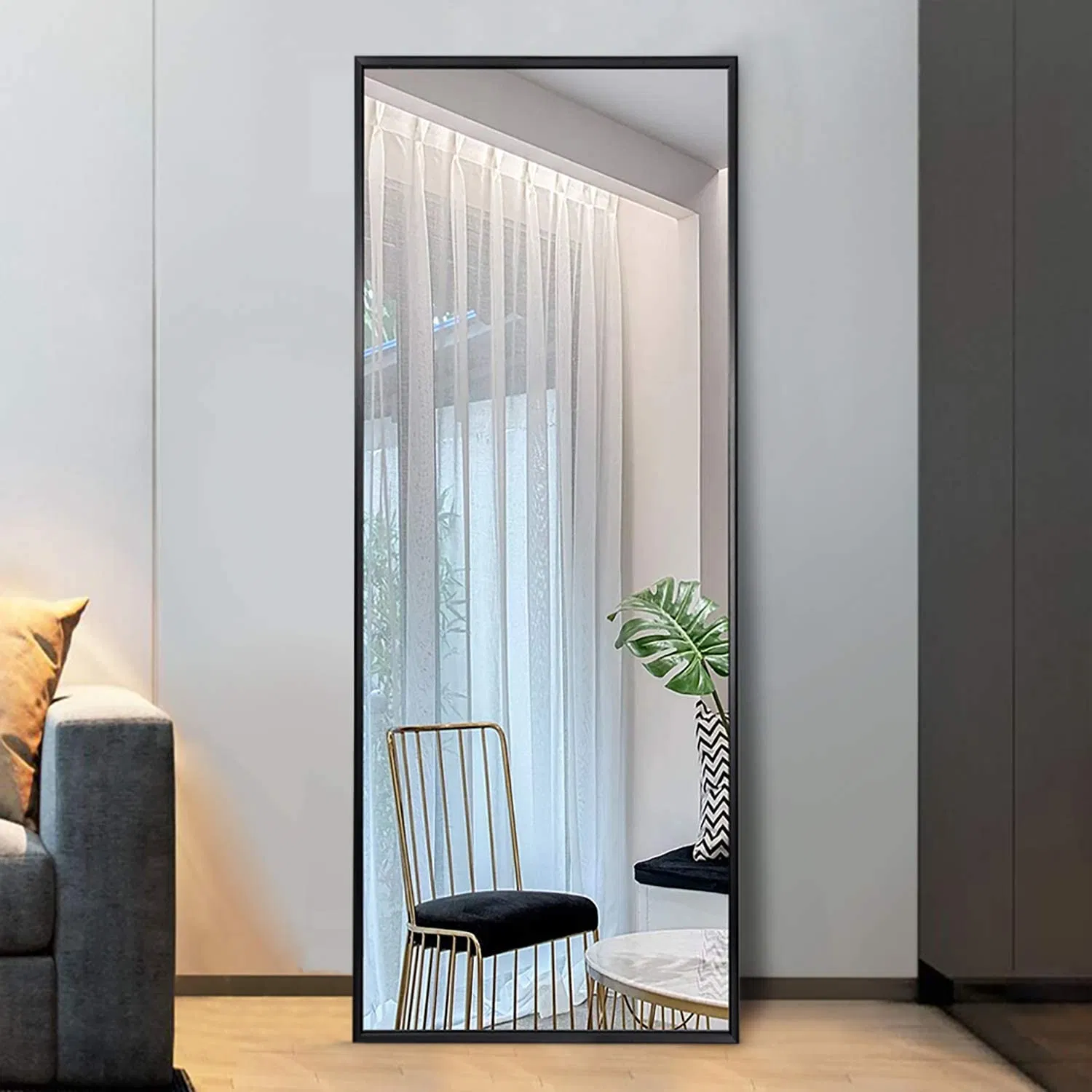 Jinghu Brand Home Decoration Furniture Black Rectangle Metal Frame Mirror Dressing Full Length Standing Floor Mirror with OEM Packaging