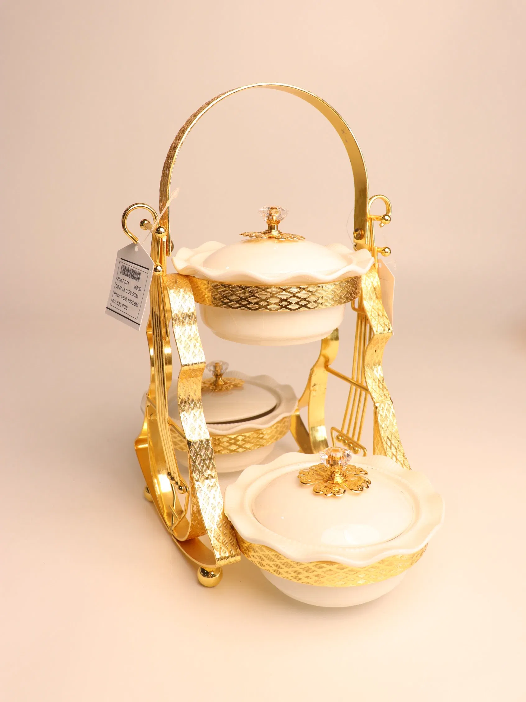 New High-End Gold-Plated Iron Art with 3 Ceramic Bowls with Lids