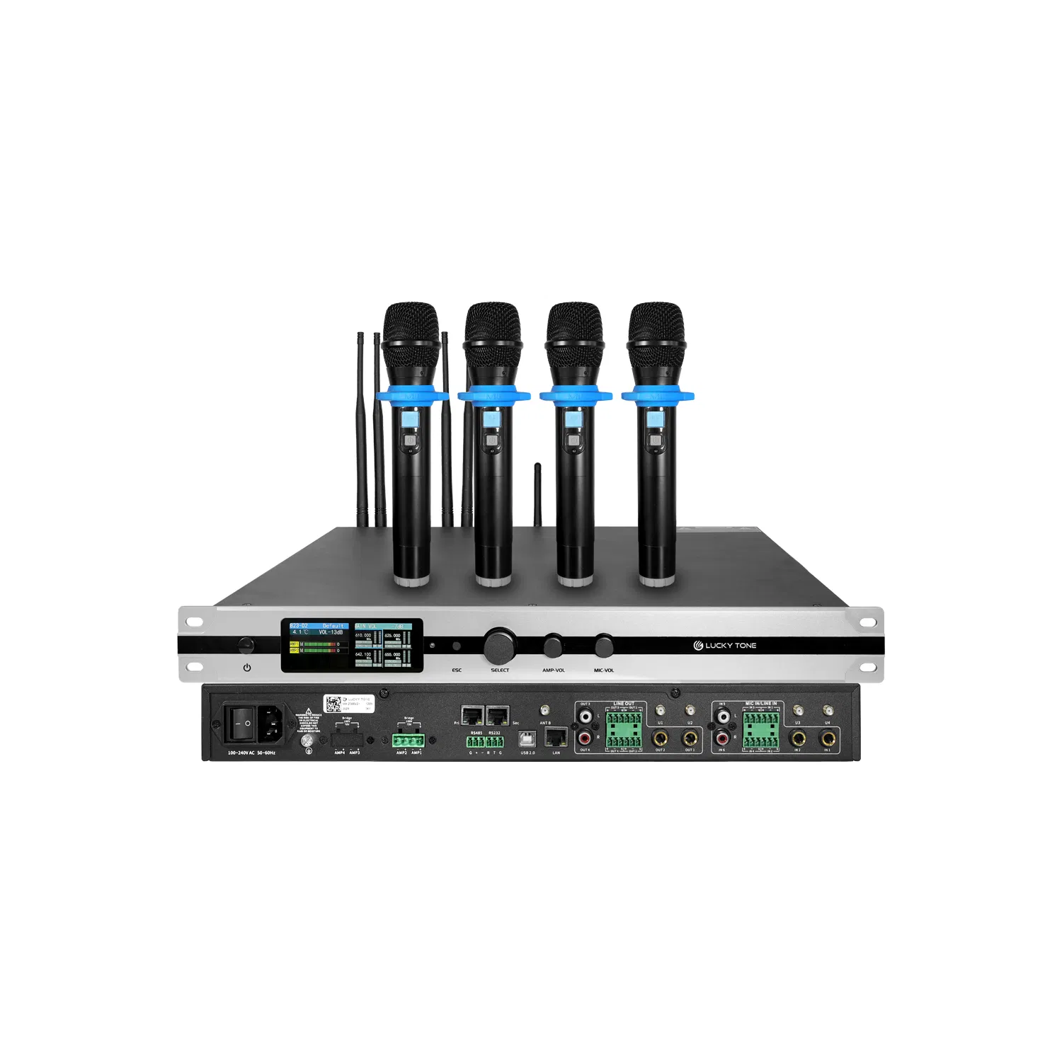 Public Address System 2 Channel 450W Dante DSP Power Amplifier with Wireless UHF Handheld Microphone