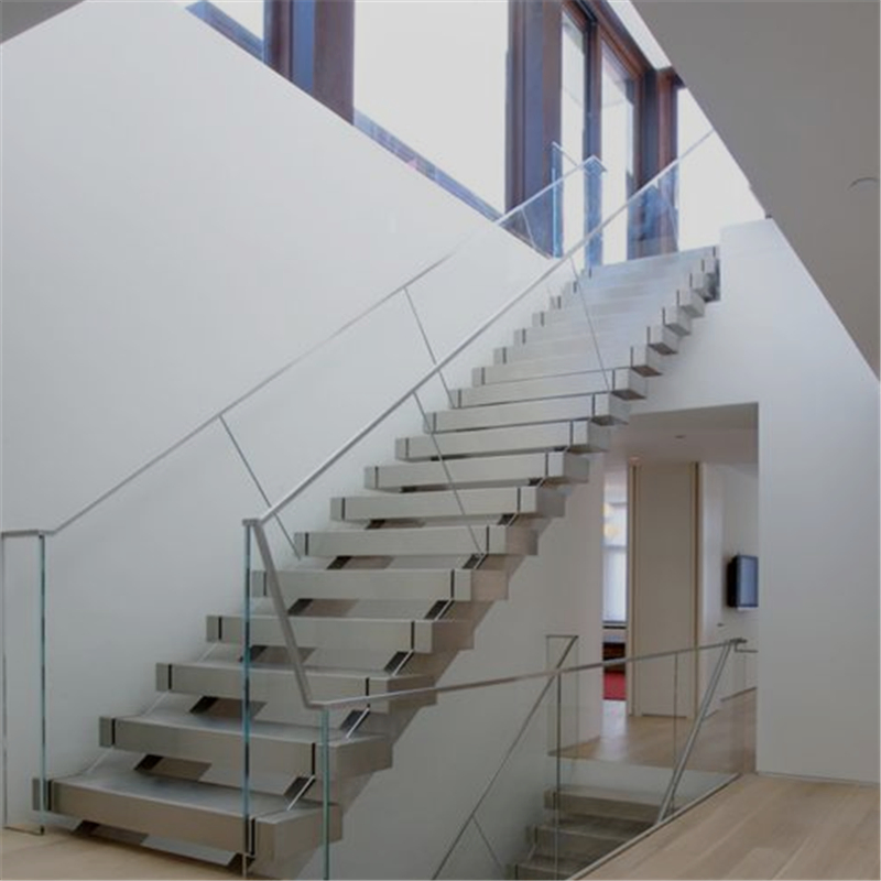 Single Steel Beam Solid Wood Straight Staircase /Double Beam Wooden Stair with Glass Railing