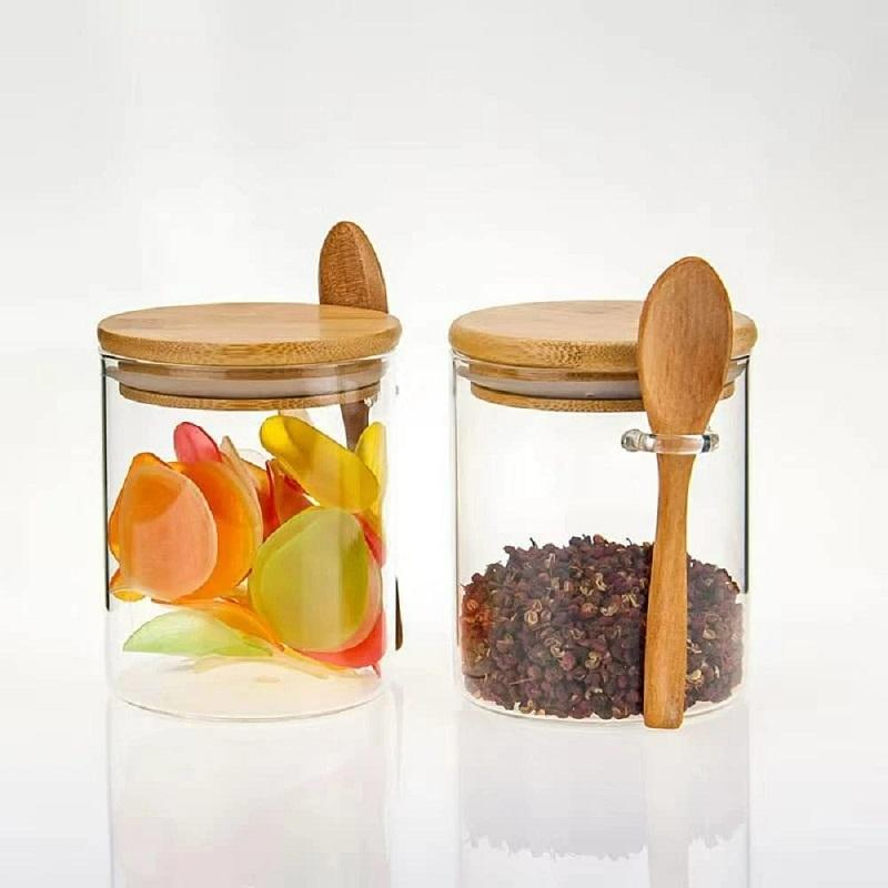 Good Seller Sealed Durable Transparent Reusable Glass Bamboo Lid Spoon Portable Food Storage