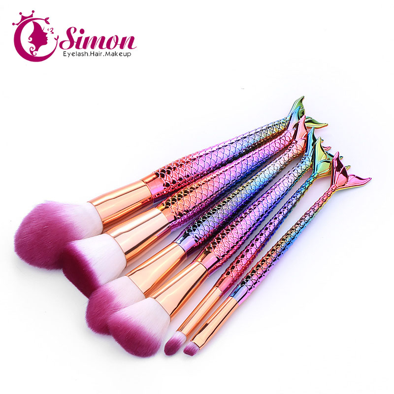 6PCS Per Set Mermaid Makeup Brush Rose Rainbow Color Mermaid Brush with Beauty Pouch