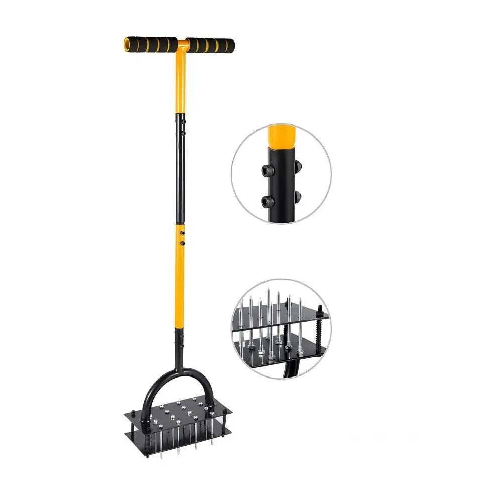 Manual Lawn Aerator 16 Spikes, Spring Base, Gloves, Pre-Assembled. Auto Leaf & Dirt Clean for Lawn Garden Aeration.