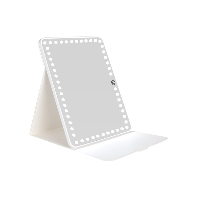 2022 New Tricolor Light Portable Ultra-Thin Compact LED Makeup Mirror with Leather Case Folding Travel Mirror