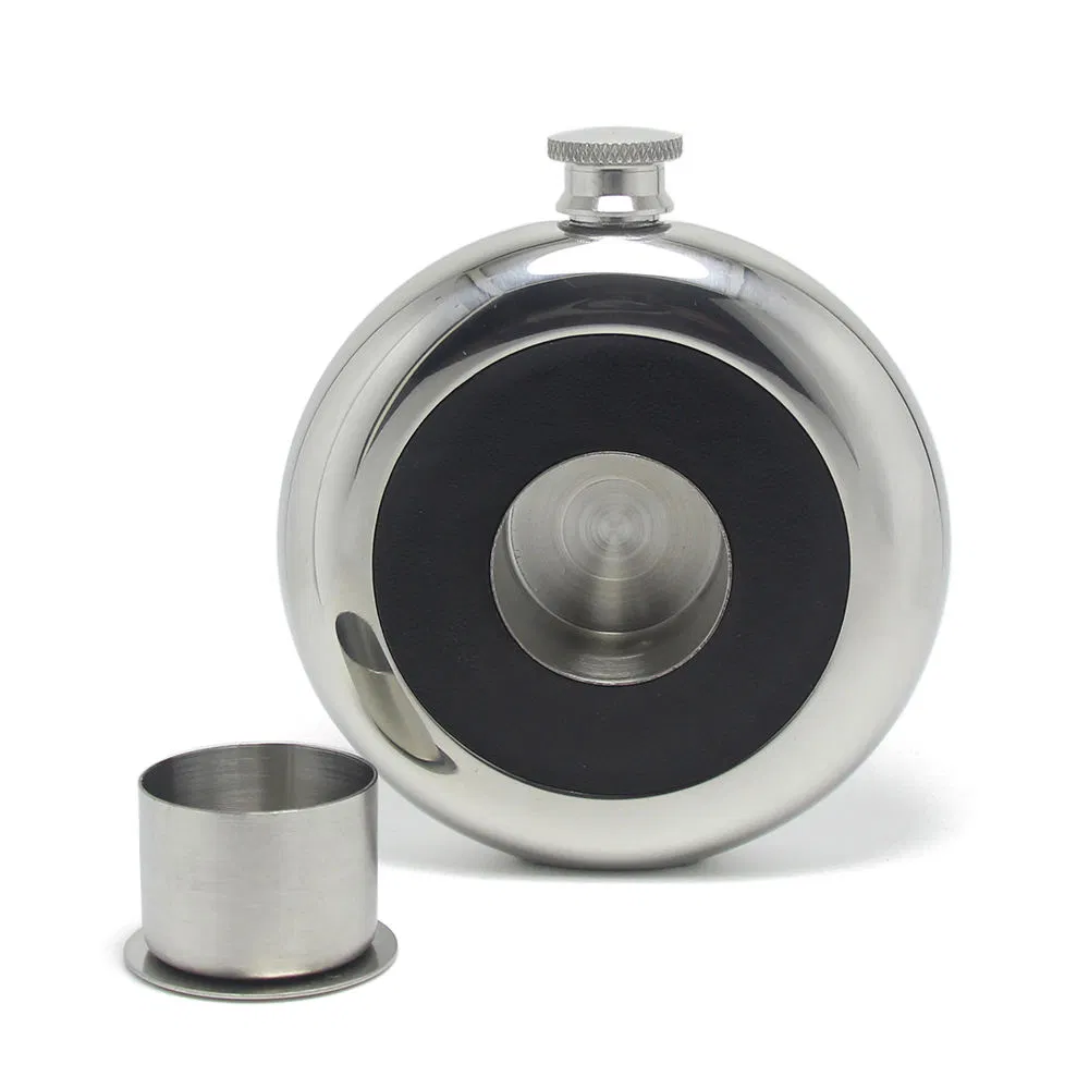 5oz Round Hip Flask Insert Cup Shot Glass Stainless Steel Hip Flask Built in Collapsible Shot Glass Novelty Silver Hip Flask