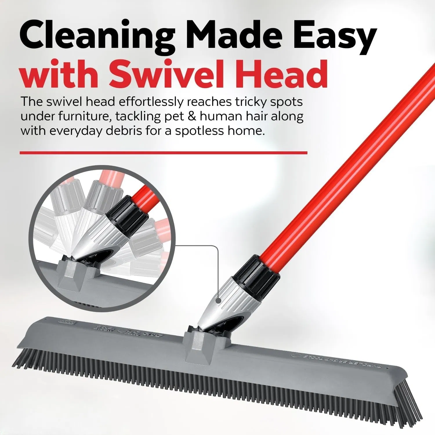 2-in-1 Silicone Rubber Broom Carpet Rake and Squeegee - Swivel Pet Hair Removal Broom with Long Handle - Slanted Side Bristles for Corners - Multipurpose Rubber