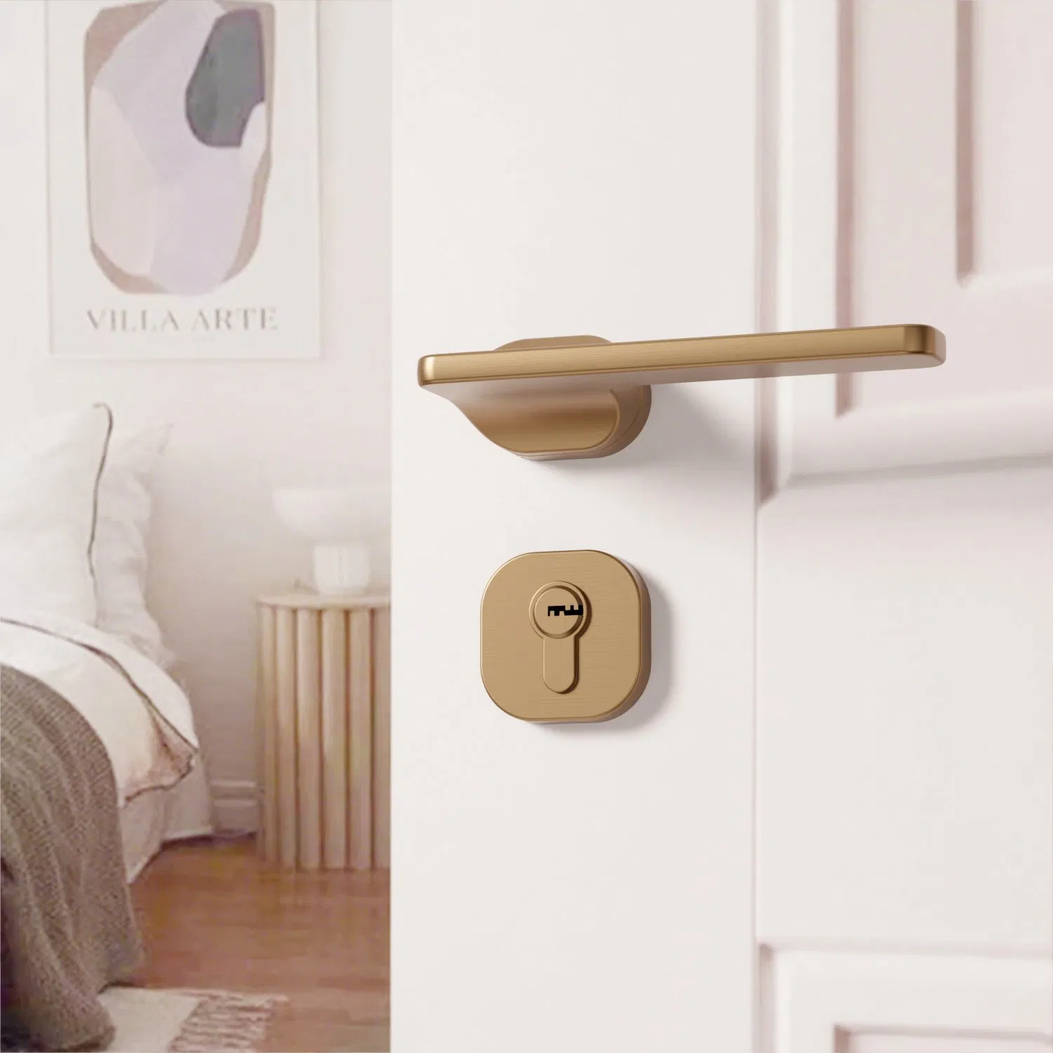 Interior Zinc Premium Brushed Champagne Gold Finish Modern Lever Door Handle on Oval Rosette Factory OEM ODM
