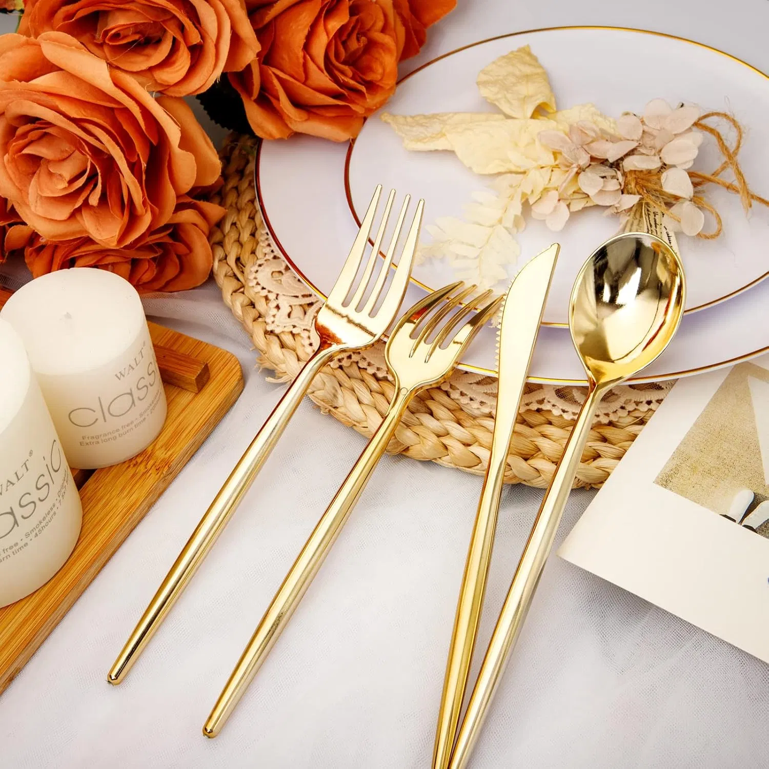 Novelty Modern Flatware Disposable Plastic Cutlery Gold Plastic Silverware, Plastic Utensils, Gold Silverware