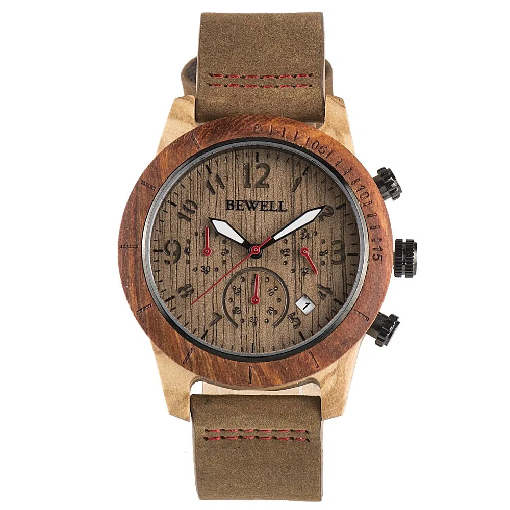 New Bewell Hot Selling Men Gift Wristband Natural Wood Case and Band Men Wood Chronograph Watch