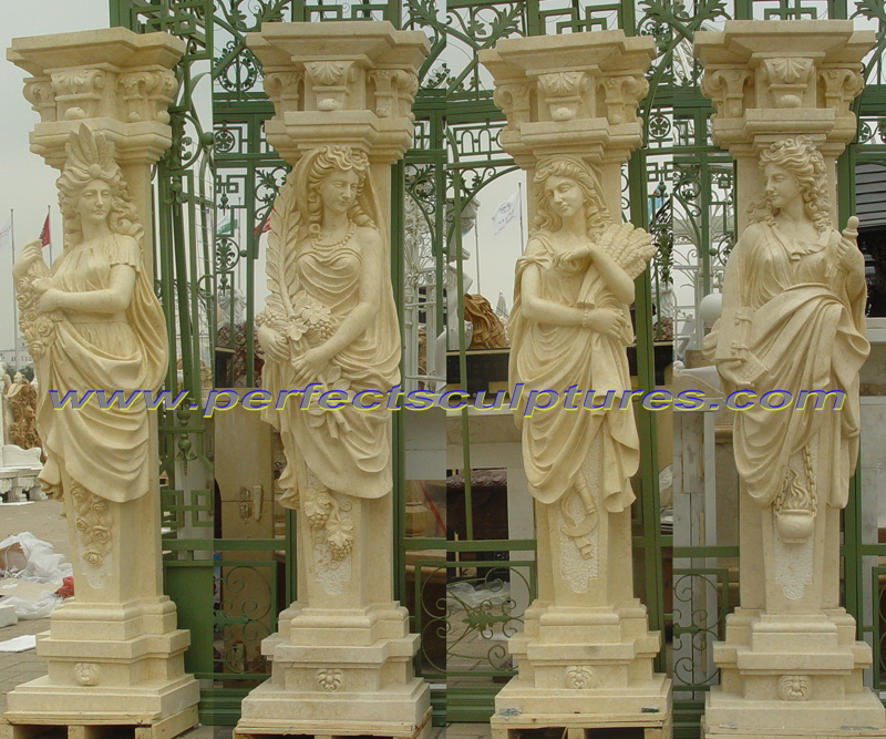 Outdoor Garden Ornament Luxury Decorative White Stone Pillars Carved Marble Column with Figure Statue (QCM258)