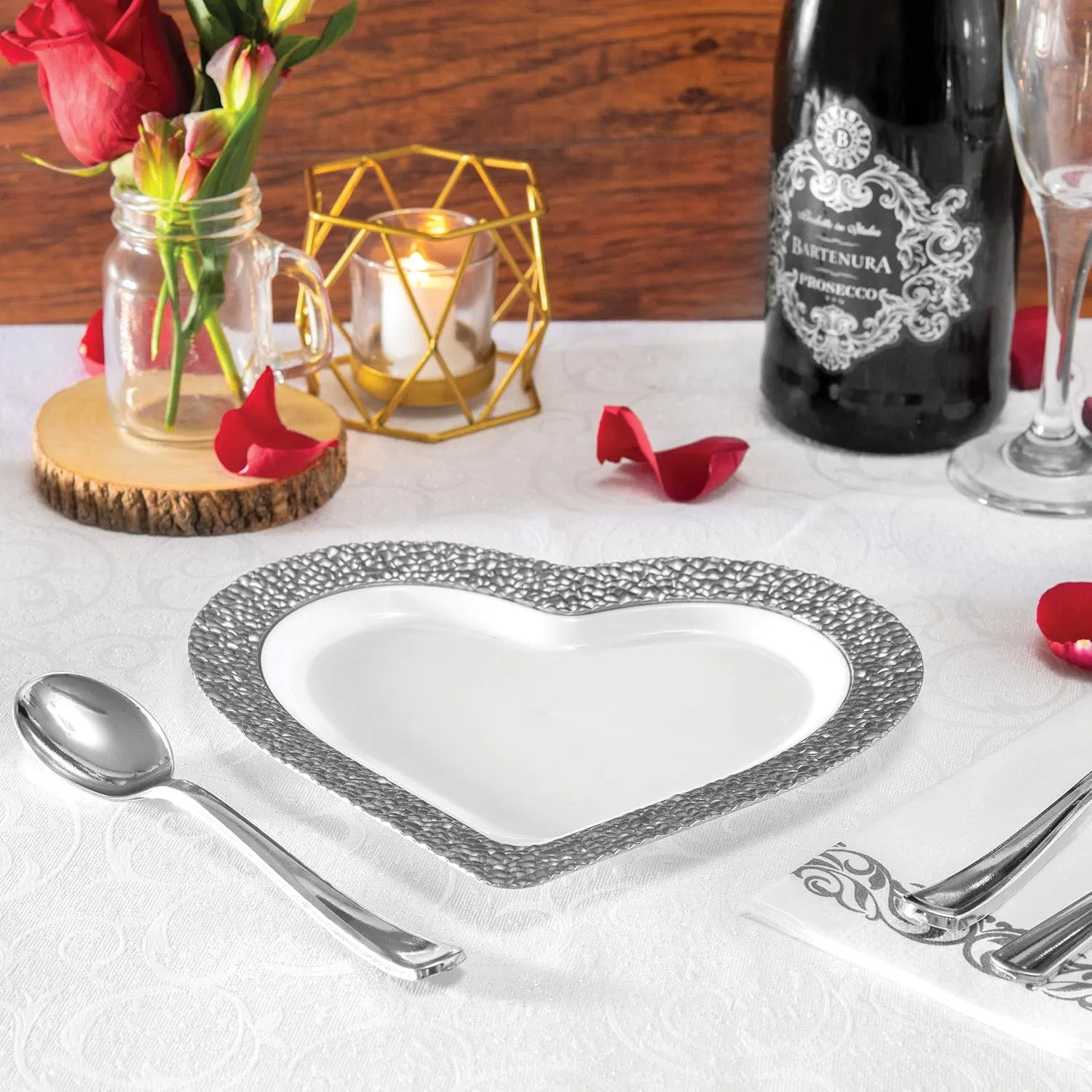 Heart Shaped Premium Plastic Dinner Plates 10 Inch White with Hammered Silver Rim