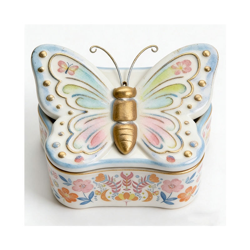Decorative Ceramic Trinket Box with 3D Butterfly Lid