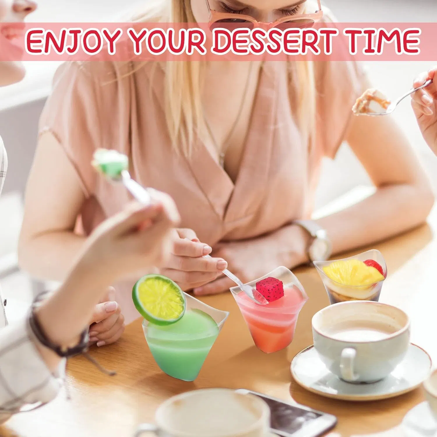 Disposable Plastic Dessert Cups 4.5 Oz Mini Clear Cups Spoons Triangular Parfait Appetizer Tumbler Mousse Fruit