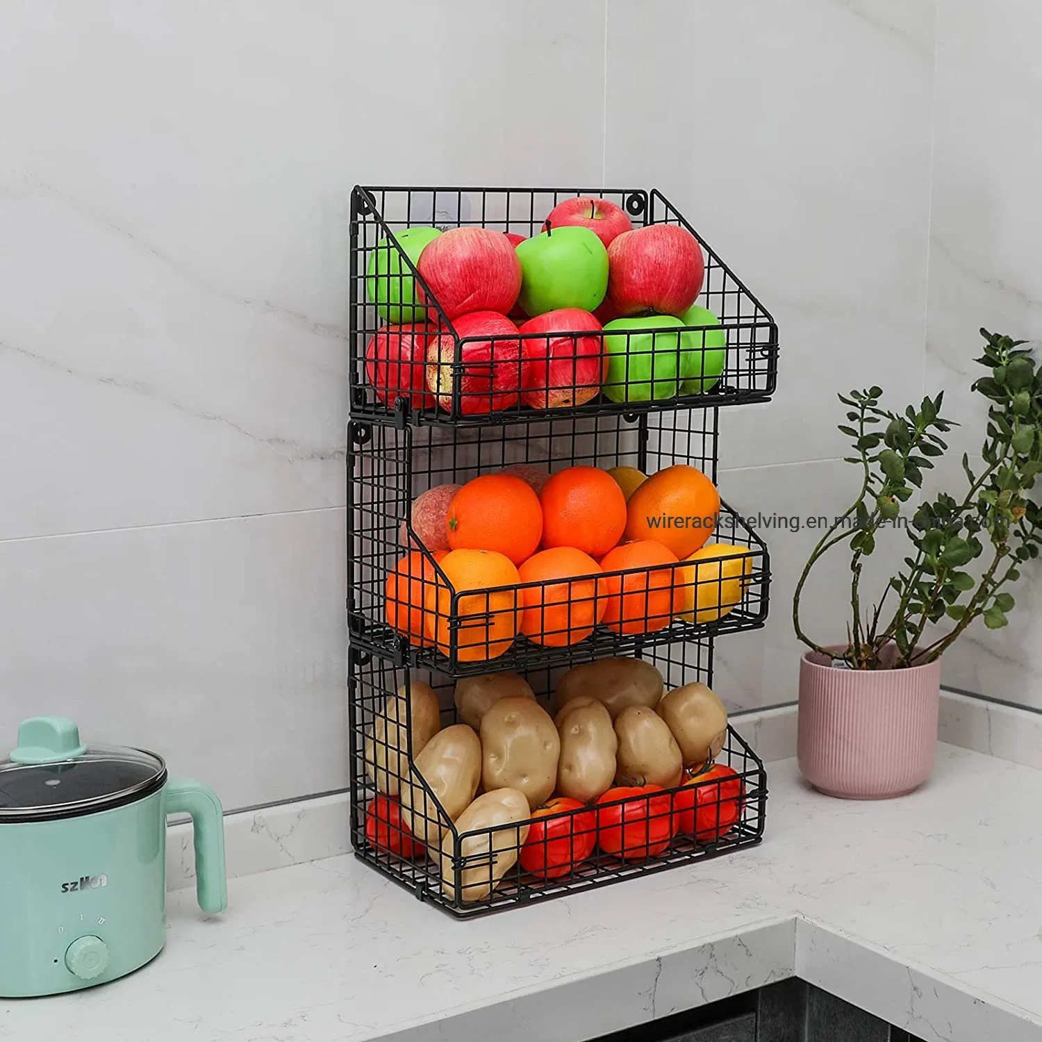 Metal Wire Basket Coffee Snack Rack Wall Mount Shelf for Office Kitchen