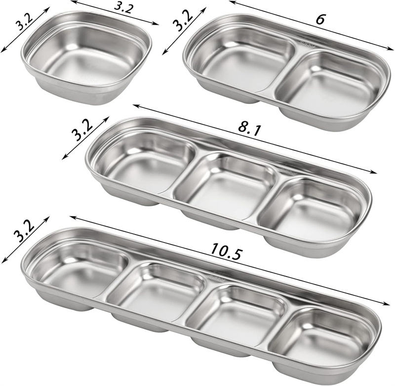 4 PCS Dipping Sauce Dish Set Stainless Steel Condiment Dishes Sub-Grid Seasoning Dishes Appetizer Snacks Bowl