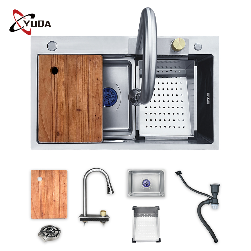 Commercial Modern Stainless Steel Kitchen Sink Single Bowl Black Nano Waterfall Sink