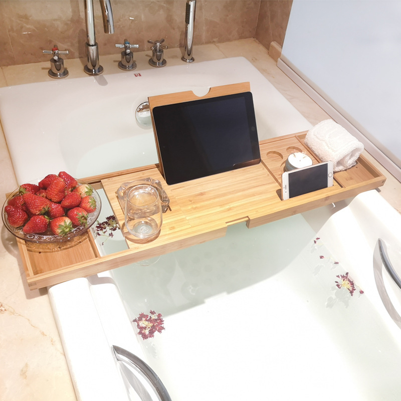 Bathtub Caddy Tray Expandable to 105cm Bamboo Book Stand and Soap Tray