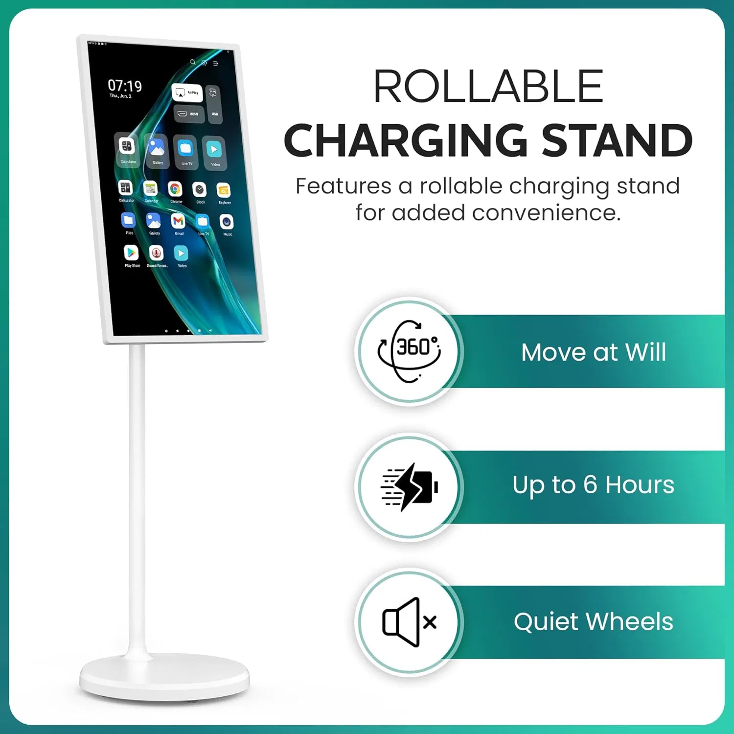 32-Inch Full Swivel Rotation Android 13 Portable Monitor with Built-in Battery4K UHD Rolling TV on Wheels Touch Screen Display