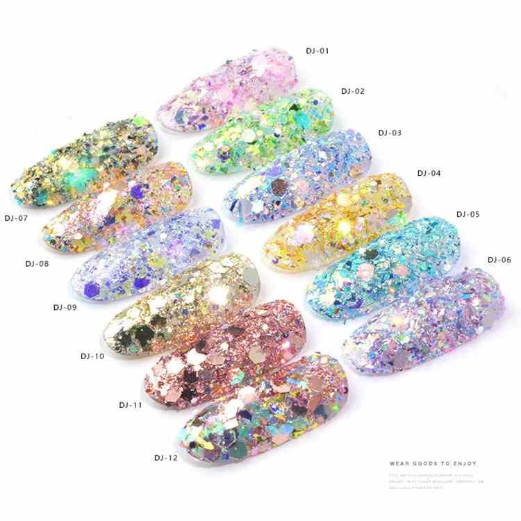 3D Colorful Nail Flake Sequins Muiti-Designs Nail Chrome Pigment Nail Decorations DIY Mix Size Nail Glitter Shinny Nail Sequins