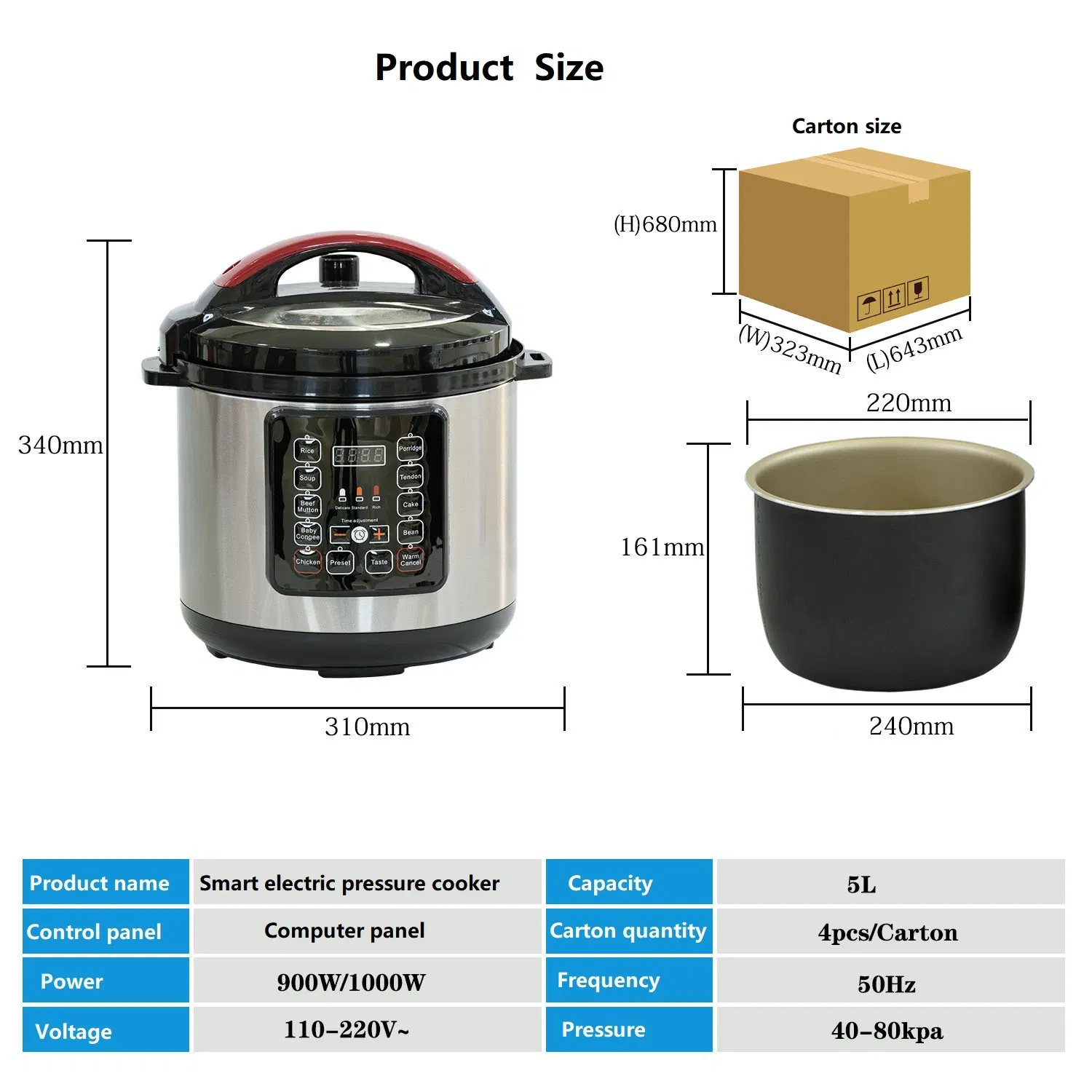 Home Kitchen 900W 5L Stainless Steel Multifunction Electric Pressure Cooker