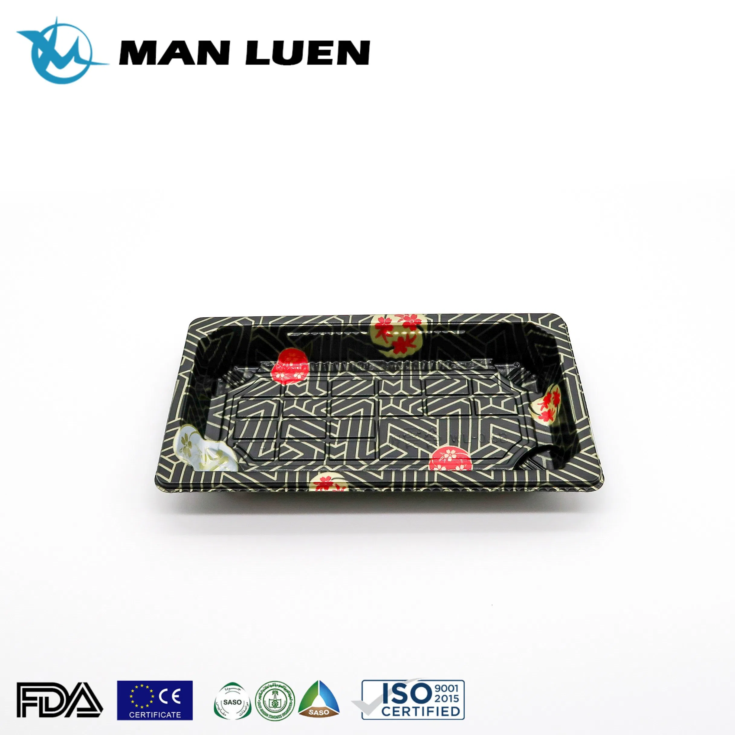 Disposable Japanese Plastic Take out Food Container to Go Small Rectangle Black Sakura Print Sushi Packaging Box