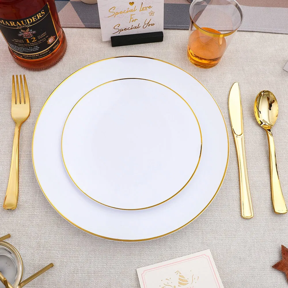 Wedding Party Premium Rose Gold Rim Plastic Plates Disposable Party Heavy Weight Cutlery Set and Disposable Dinnerware Set