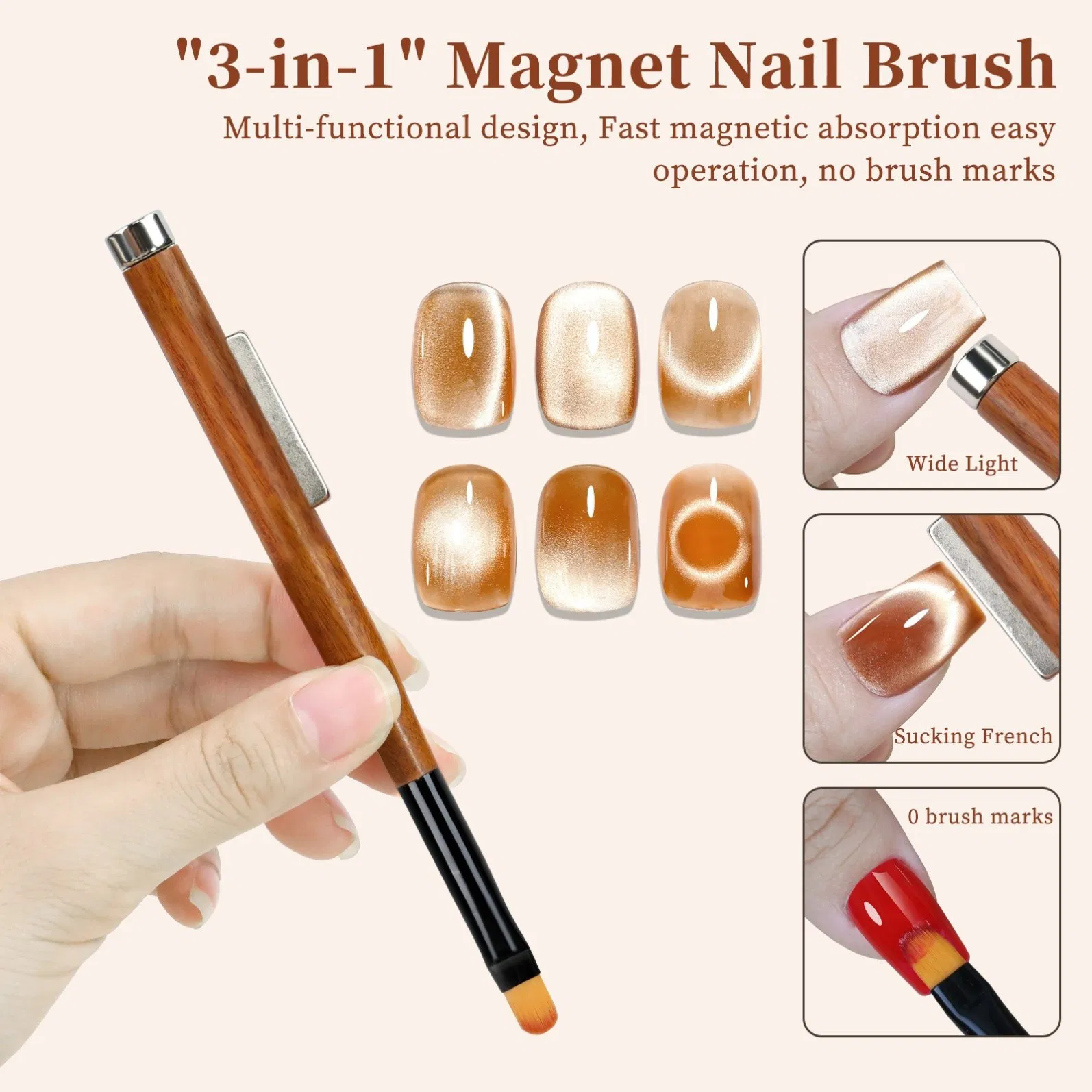 New 3 in 1 Strong Magnet Nail Brush Sandalwood Dual Head Ultra Thin Phototherapy Pen Multi-Function Cat Eye Magnet Nail Art Tools