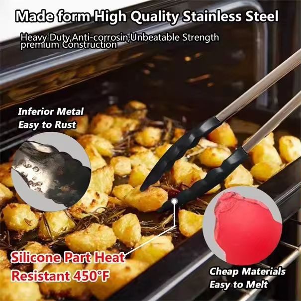 BPA Free Silicone Food Tongs Non-Stick BBQ Cooking Tongs Grilling Locking Kitchen Tongs