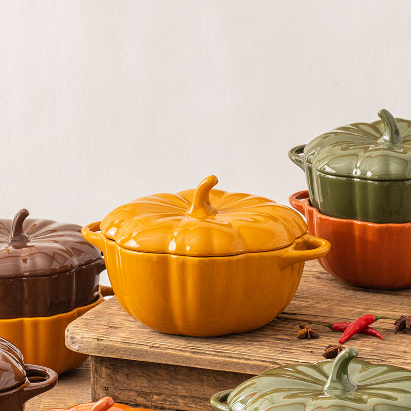 Ceramic Kitchenware Pumpkin Lard Pot with Cover Double Ear Soup Bowl