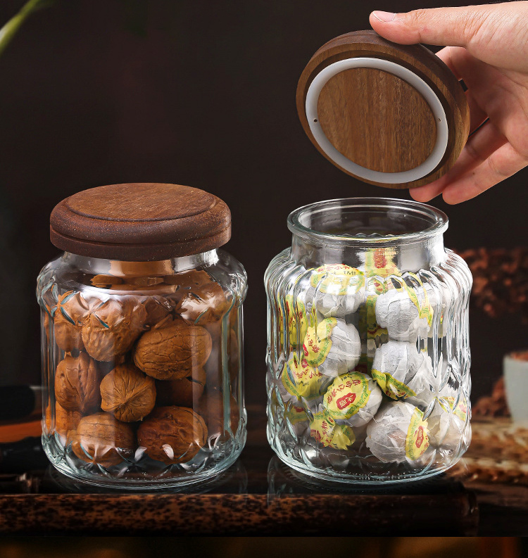 1000ml Vintage Carved Embossed Glass Candy Jar Transparent Kitchen Sealed with Wooden Lid