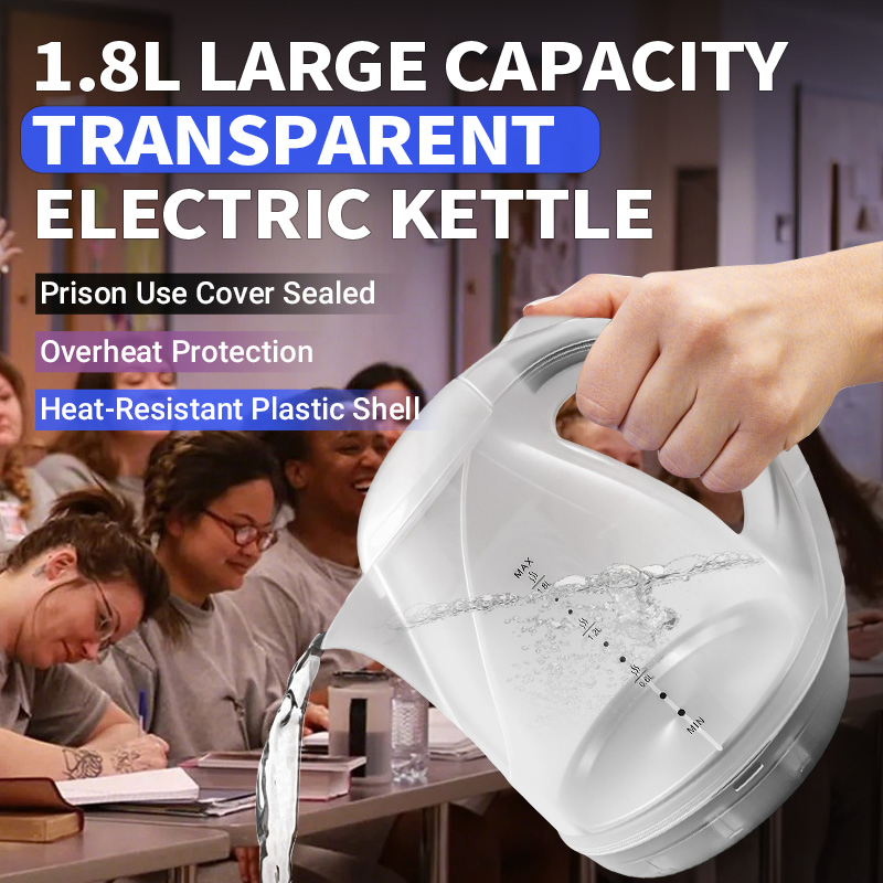 Australia SAA Approved Prison Jail Use 1.8L Kettle Safe Lid Sealed Clear Power Cord Transparent Clear Plastic Electric Kettle