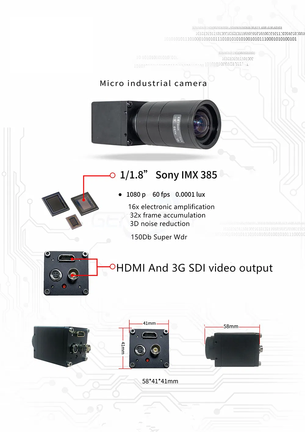 Мини-камера HD-SDI 1080P IMX385 0.0001Lux