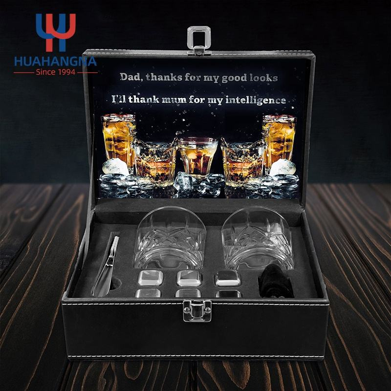 Custom Lead Free Whiskey Glass Gift Set with Whiskey Stone and Coaster Promotion Barware Gift Set for Men and Women