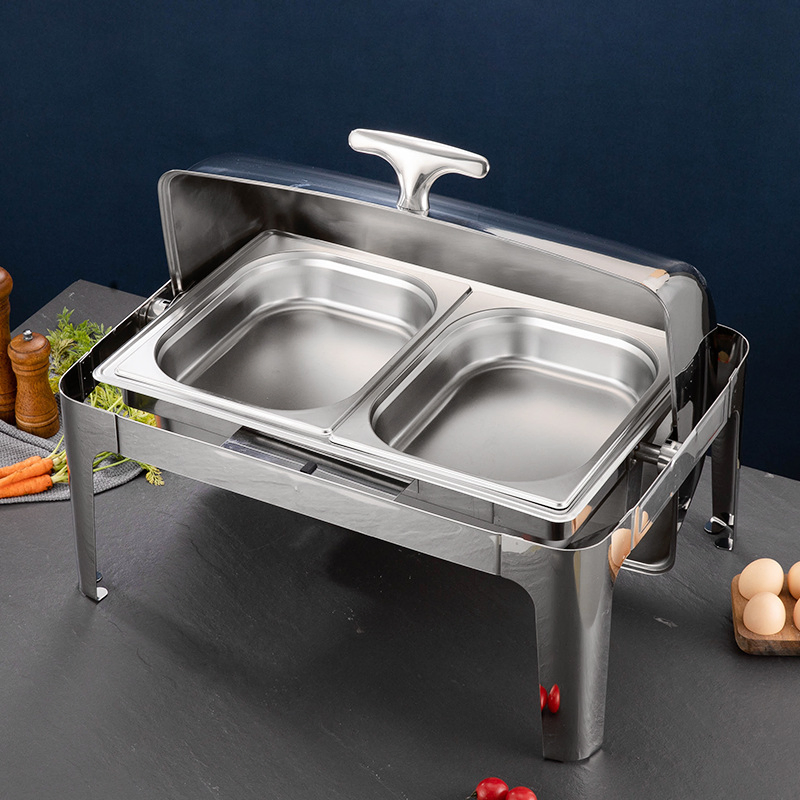 Full Size Roll Top Glass Lid Chafing Dish Oval Golden Dishes Kitchenware Service Buffet Dish
