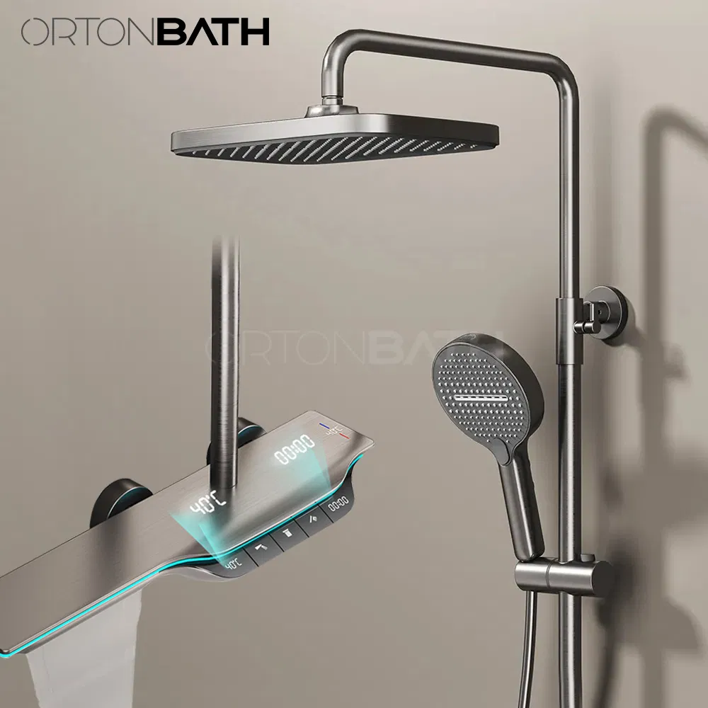 Ortonbath Gun Metal Thermostatic Shower System Wall Mount Rain Mixer Shower Combo Set 4 Way LED Digital Display Shower Faucet Set Shower Panel & Mixer Tap Set