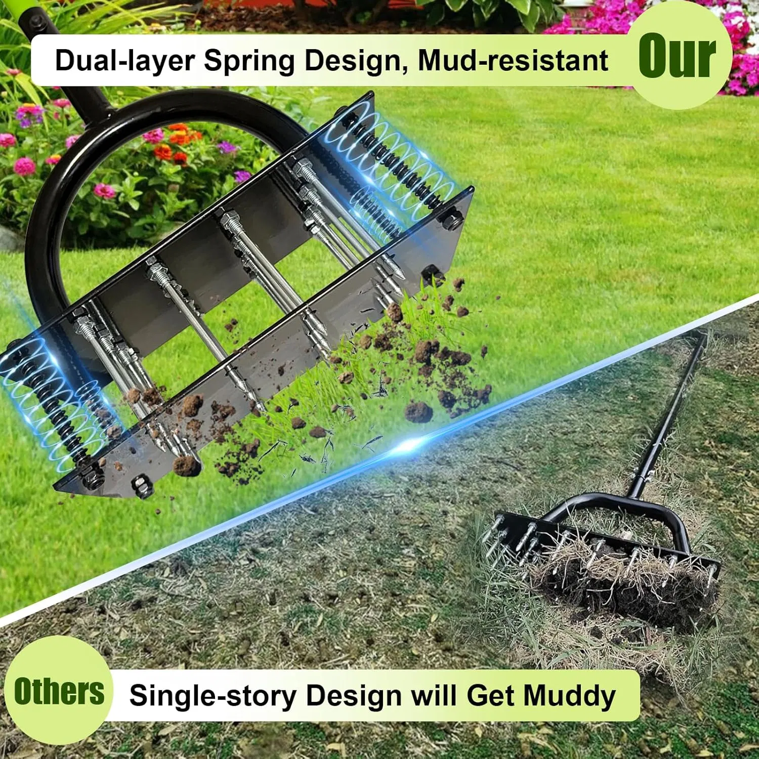 16 Steel Spikes Garden Lawn Aerator Roller, Double Spring & Anti-Loose Design for Efficient Soil Aeration