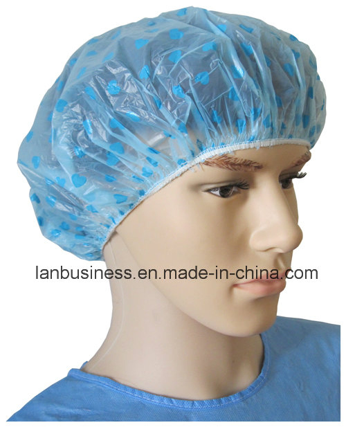 Disposable PE Shower Cap with Heart-Shaped in Blue