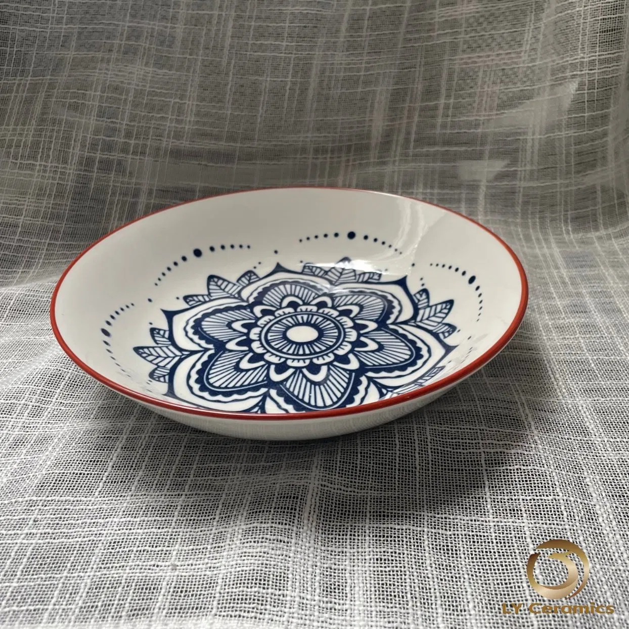 Eco-Friendly 8"Soup Plate Pad Printing blue Red Flower Porcelain Ceramic Kitchenware Tableware