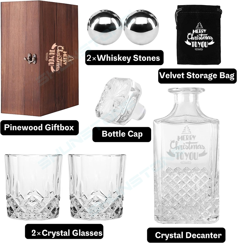 Shunstone Custom Logo Square Whiskey Decanter Gift Set Classical Whiskey Glass Reusable Whiskey Ball Christmas Fathers Day Gift