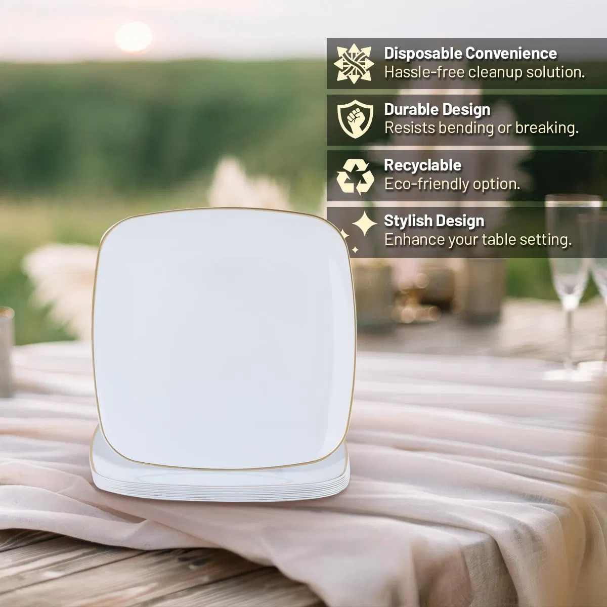White and Gold Plastic Plates Disposable Square Gold Heavy Duty Dinner Plates for Party & Wedding