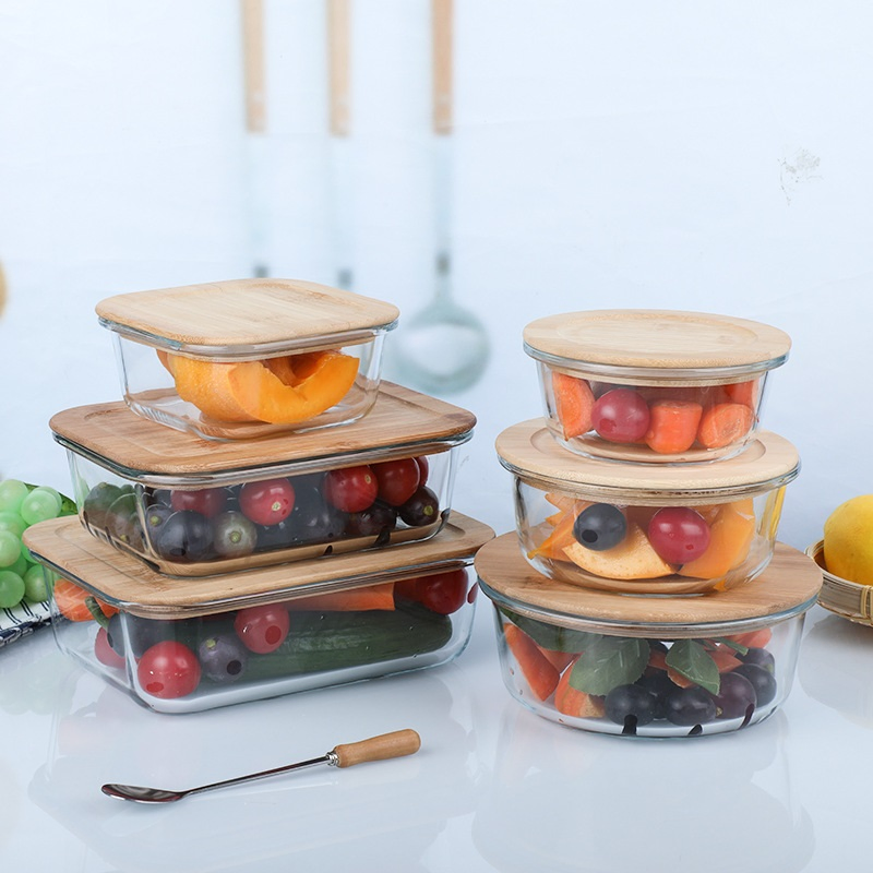 Food Storage Glass Food Container/ Lunch Boxes Round/Square Shape/with Bamboo Lid/200ml 1500ml