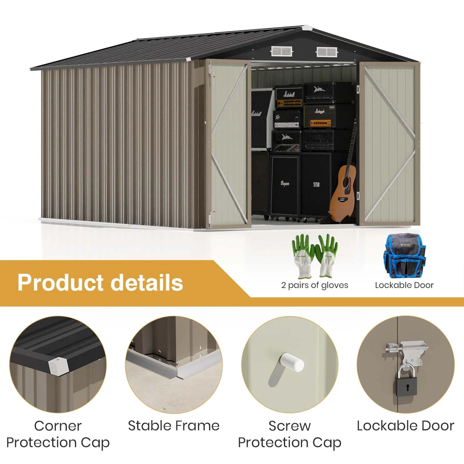 12 X 8 FT Outdoor Steel Shed Storage House with Lockable Doors