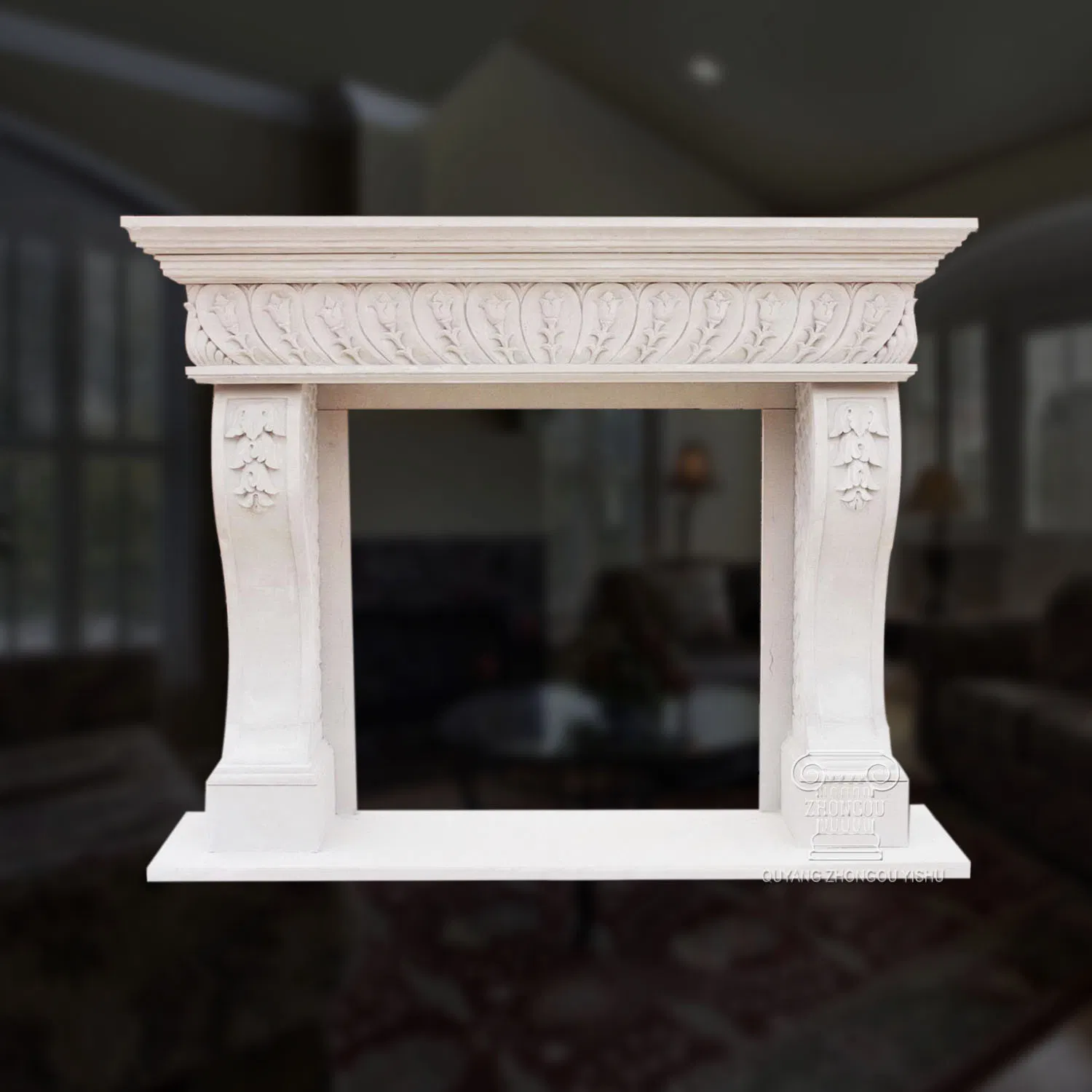 Great Marble Fireplace in Fine Hand-Carved Floral Design Quality