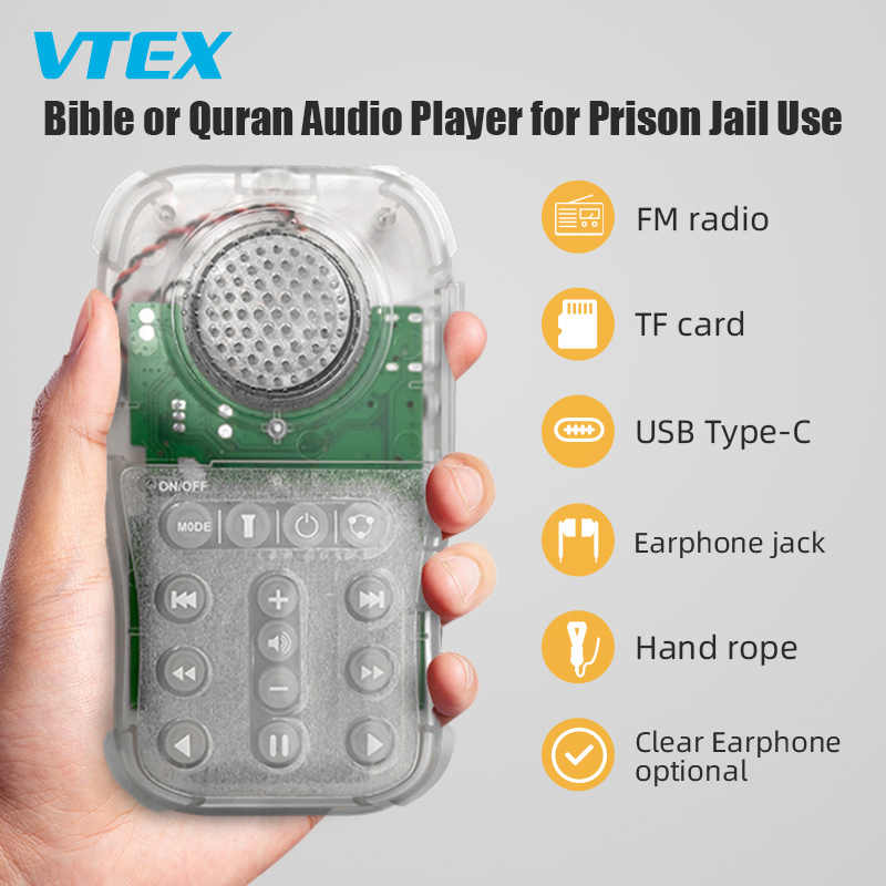Prison Jail Inmate Use Safe Security Transparent Case See Through 4GB 8GB 16GB Memory Mini FM Radio Quran MP3 Audio Bible Player